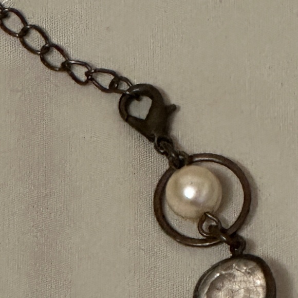 Faux Pearl & Clear Bead Several Sizes Necklace w/Dark Brown Chain Vintage - Picture 4 of 9